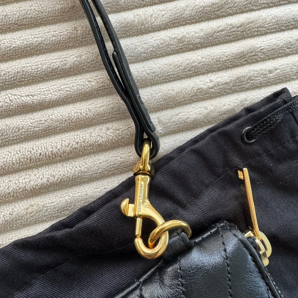 Saint Laurent Black Quilted Chevron Leather Wristlet with Gold YSL Logo - Picture 10 of 16